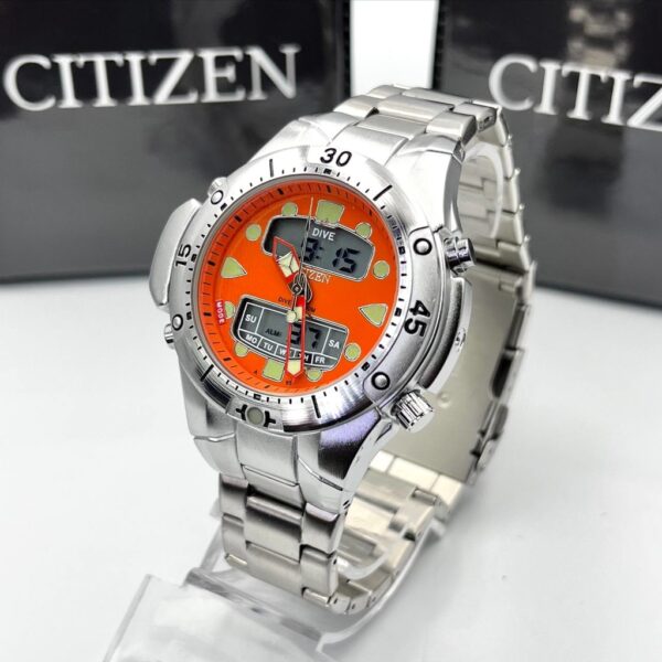 Relógio Citizen Aqualand Pulseira de aço Prata fundo Laranja c/ Caixa Premium (100% Funcional) a prova dagua - Imagem 3