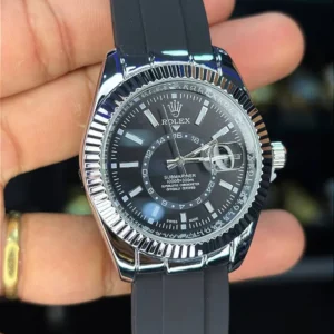 Rolex - Sky Dweller Prata/Preto - Pulseira em borracha elegante